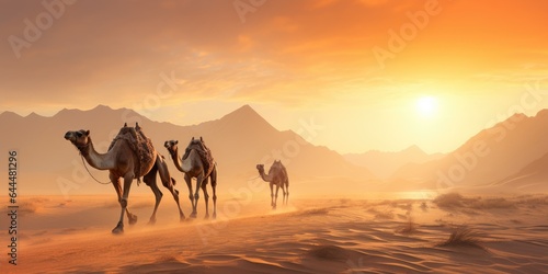 silhouettes of camels the dunes of the desert  sunset in the desert. Generative AI