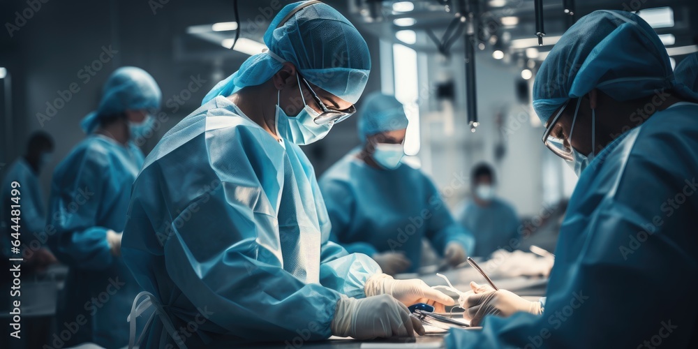 The medical team is doing the operation. Group of surgeons the operating room. Generative AI - obrazy, fototapety, plakaty 