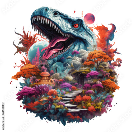 An enchanting Dinosaur t-shirt design portraying a magical forest where dinosaurs and mythical creatures coexist, Generative Ai