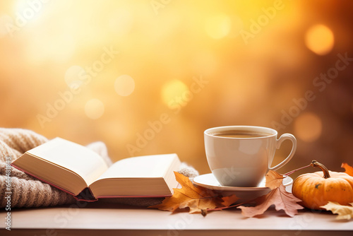 a mug with coffee on wooden ground with fall decorations nect to a book and a woolen blanket, falklk background with bokeh background with space for text