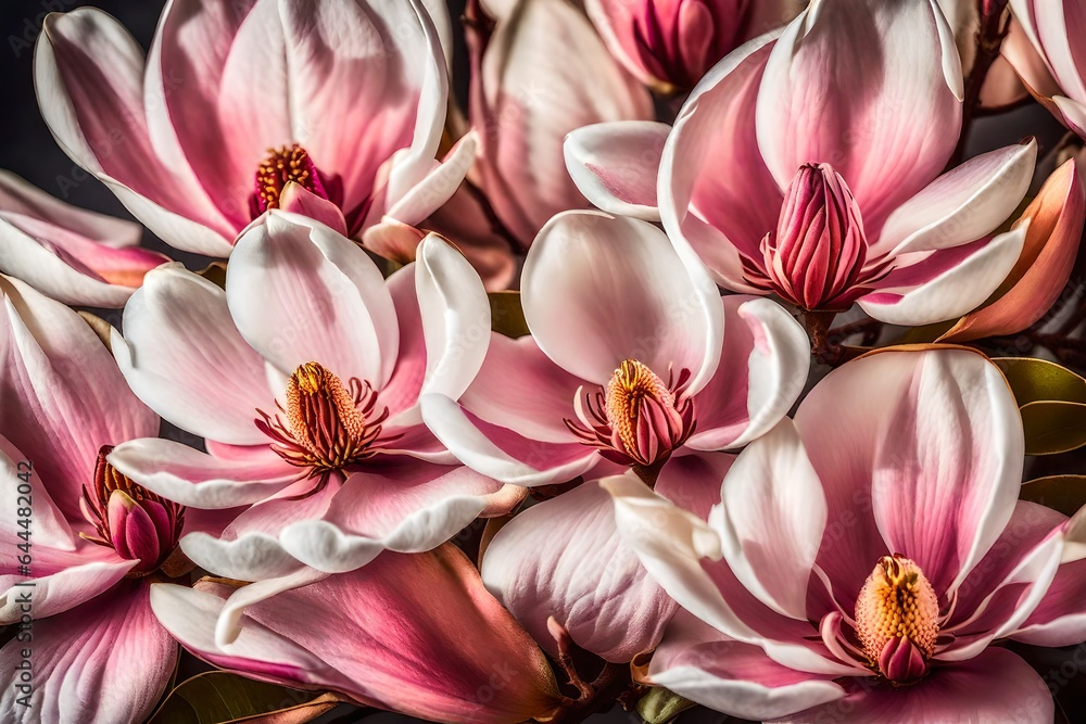 Fototapeta premium A Still Life Close up Shot of Magnolia Flowers. This close-up shot celebrates the intricate details of magnolia flowers - AI Generative