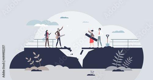 Conflict resolution in corporate world to restore business team tiny person concept. Collaboration and partnership after disagreement solving vector illustration. Businessman builds or fix bridge.