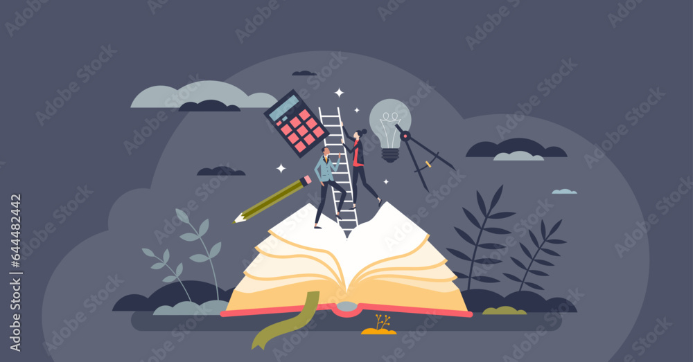 Fototapeta premium Pathway to knowledge with academic training and education tiny person concept. Study from books and reading to develop thinking and cognition skills vector illustration. Smart STEM learning process.