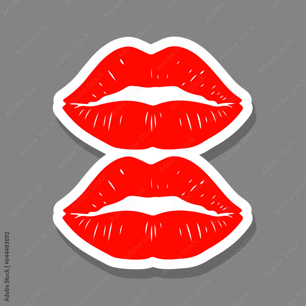 Obraz premium Glossy colored and sexy red lips. Vector illustration isolated on white background. Hot kiss sticker lips with red lipstick