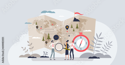 Navigating the project management odyssey and business tiny person concept. Journey with obstacles, challenges and difficulties to reach company targets and reach top objectives vector illustration.