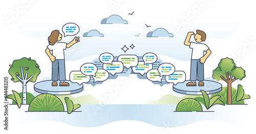 Interpersonal communication link and long talking session outline concept. Ability to understand and speak as bridge connection with messages and information transfer vector illustration. Soft skills