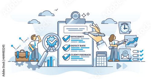 Assuring quality with efficiency, feedback and defect check outline concept. Control company processes with high standard monitoring vector illustration. Business management and work organization.