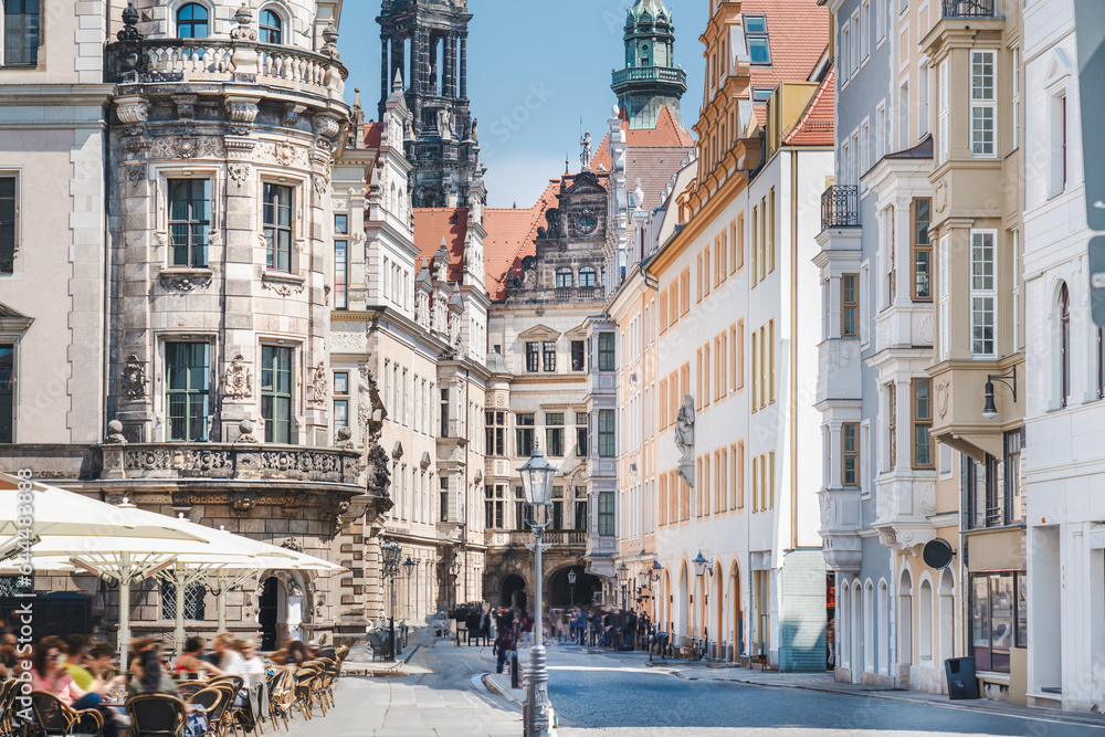 Center of European old city. Cityscape. Dresden. Facades of old tenement houses.