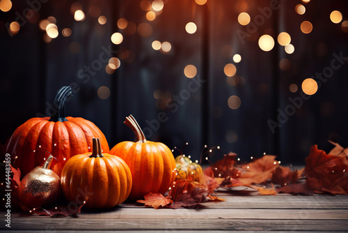 pumpkin with fall leaves and bokeh background, space for text, dark colors