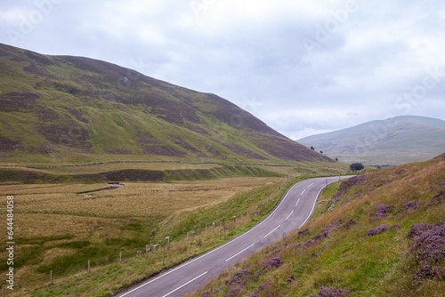 Roads turning in Scotland highlands scenery. Road leaving to infinity among mountains, peaks with heather in full bloom. Summer photo with dramatic clouds, on the road, roadtrip, travelling, visiting