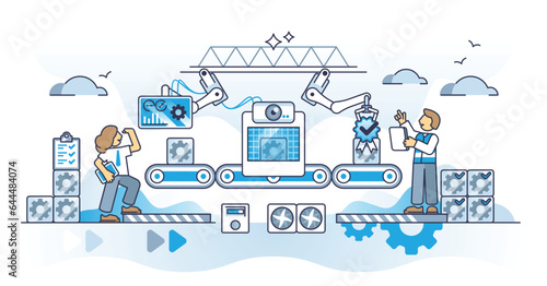 Quality assurance with performance management and check outline concept. Technology automation in manufacturing process to reduce warranty issues vector illustration. Perfection and reliability test