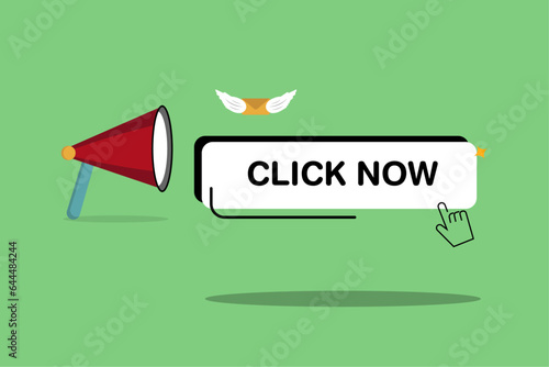 Call to action in online advertising, attention message or motivation for user to click ads banner or sign up on website concept, megaphone motivate user to click button now