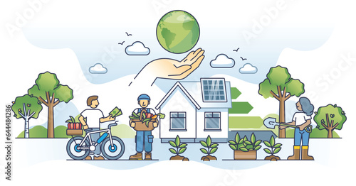 Sustainable living and environmental life with eco care outline concept. Nature friendly approach to buy food from local farmer vector illustration. Clean, responsible and ecological lifestyle.