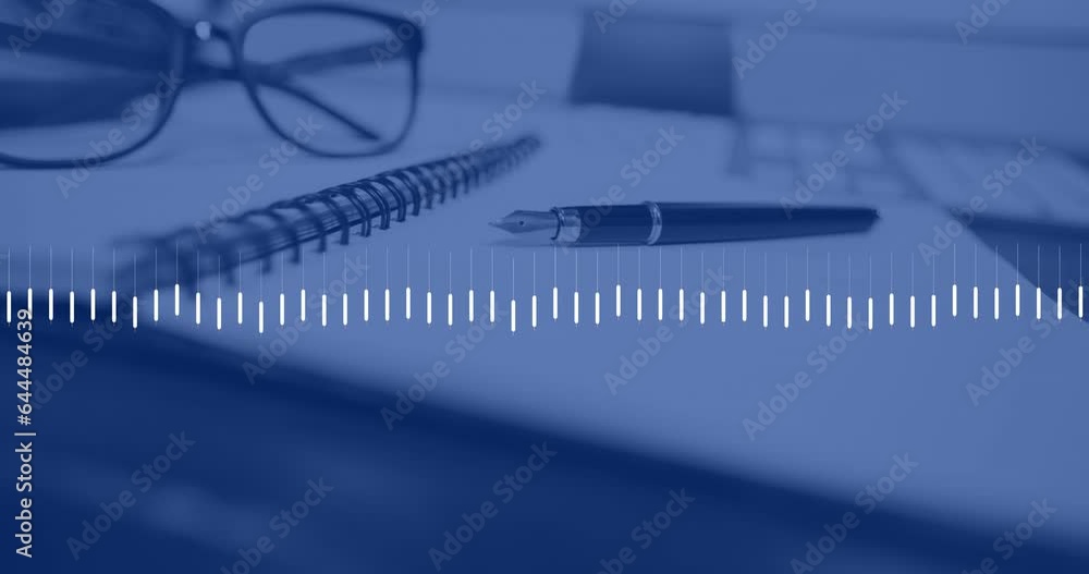 Animation of statistical data processing against close up of glasses, pen and diary on office desk Animation of statistical data processing against close up of glasses, pen and diary on office desk