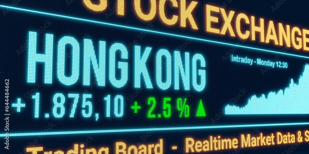 Hong Kong, stock market moving up. Positive stock exchange data, rising chart on the screen. Green percentage sign, profit and investment. 3D illustration