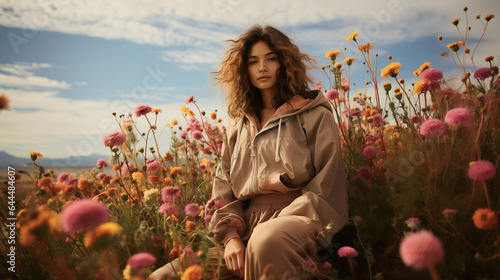 girl in the field of flowers in a tracksuit photo