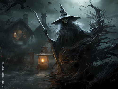 Leinwand Poster Schaurige Hexe vor Spukhaus/Hexenhaus bei fahlem Mondlicht zu Halloween, erstell