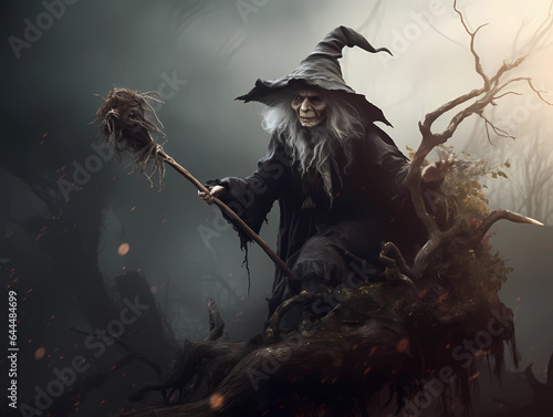 Fototapete Schaurige Hexe in kargem Wald bei fahlem Mondlicht zu Halloween, erstellt mit ge