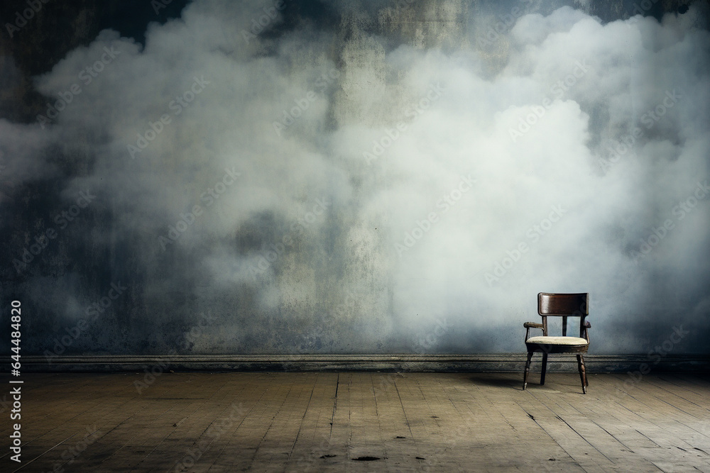Empty shabby vintage room with a chair. Grungy worn out wall and wooden floor. Front view background in moody colors. Interior and studio concept. AI generated illustration.