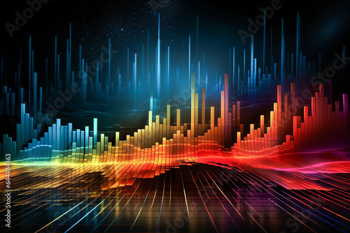 Abstract colorful illuminated graphs, dots, lines, wavy curved pattern and charts on dark technology background. Digital data visualization. Tech, business, science concept. AI generated illustration.