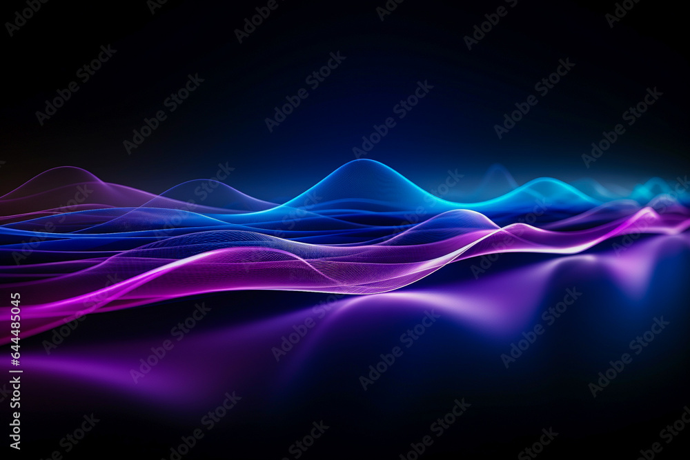 Abstract blue and purple illuminated smooth wavy curved lines, texture on dark technology background. Digital data visualization. Tech, business, science concept. AI generated illustration. - obrazy, fototapety, plakaty 