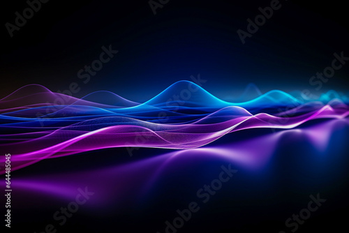 Abstract blue and purple illuminated smooth wavy curved lines, texture on dark technology background. Digital data visualization. Tech, business, science concept. AI generated illustration.