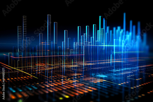 Abstract colorful illuminated graphs, dots and lines, charts on dark technology background. Digital data visualization. Tech, business, science concept. AI generated illustration.