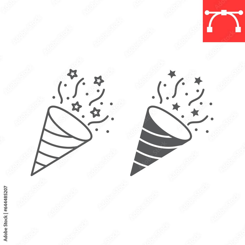 Confetti line and glyph icon, holiday and merry christmas, confetti popper vector icon, popper bang vector graphics, editable stroke outline sign, eps 10. Confetti line and glyph icon, holiday and merry christmas, confetti popper vector icon, popper bang vector graphics, editable stroke outline sign, eps 10.