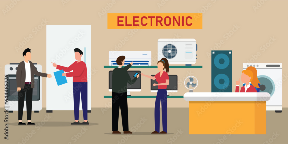 People visitor and shop assistant at consumer electronics store 2d vector illustration concept for banner, website, landing page, flyer, etc People visitor and shop assistant at consumer electronics store 2d vector illustration concept for banner, website, landing page, flyer, etc