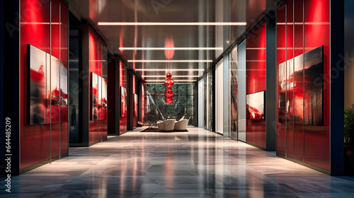 Sleek office corridors with artistic installations