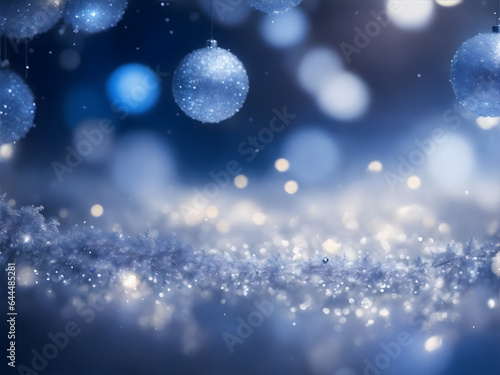 Blurred christmas bokeh  background with sparkls and glitter in blue and silver colors. New year greeting card  postcard with copyspace.