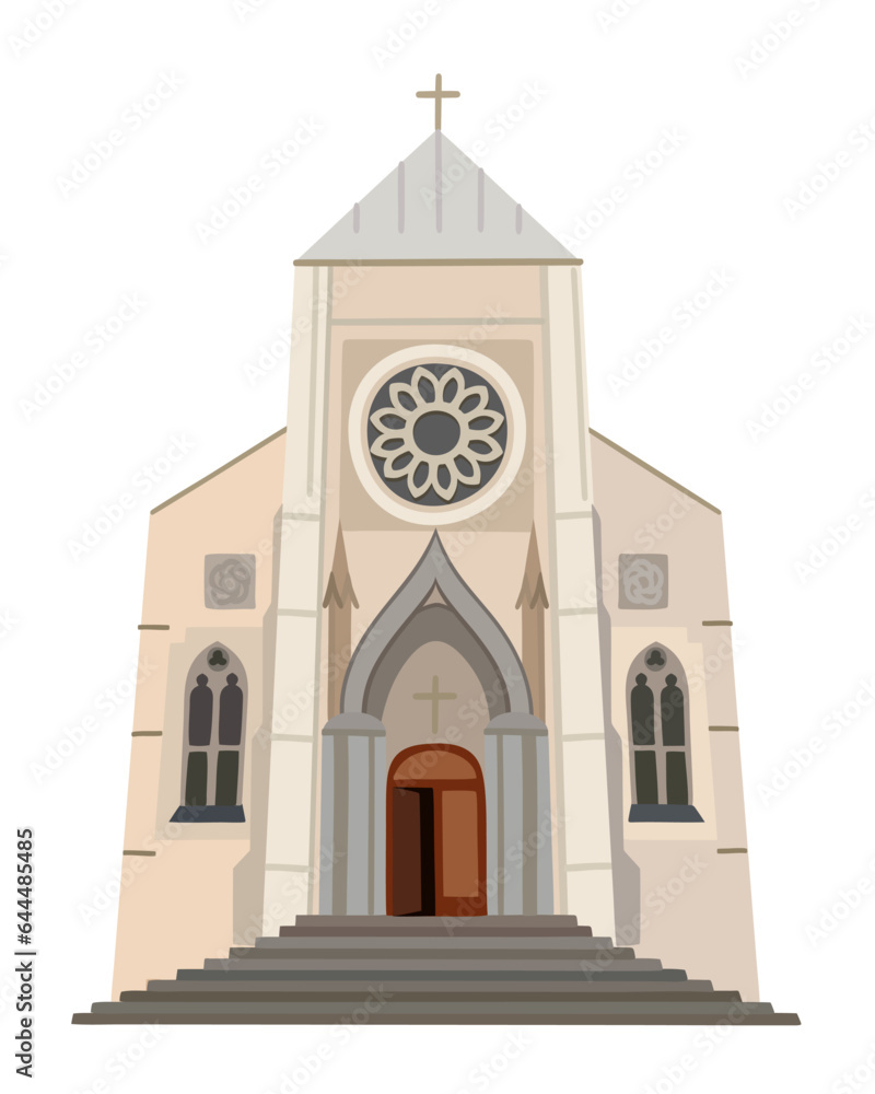 Christian catholic church. Building of gothic cathedral. Religious architecture exterior. Vector isolated illustration.