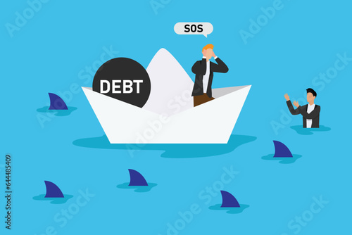 Man shouting SOS on sinking boat with heavy ball of debt surrounded by sharks 2d vector illustration concept for banner, website, landing page, flyer, etc