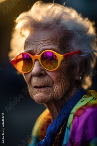 Portrait of an elderly woman in bright colored clothes and sunglasses