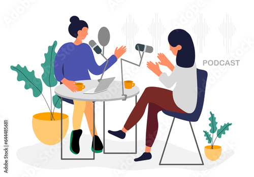 Radio host and guest, table laptop mic cup of coffee flat vector illustration. Podcaster talking with guest, speaking to mic, broadcaster at workspace cartoon character