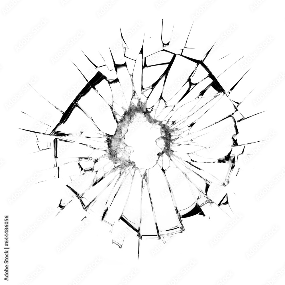 Bullet hole in glass. Illustration on white background. Generative ai.