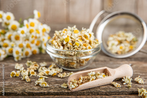 Dry chamomile flowers on a wooden table. Soothing chamomile tea. Herbal drink. flat layout. Space for text.Copy space.Medical prevention and immune concept. Folk alternative medicine.