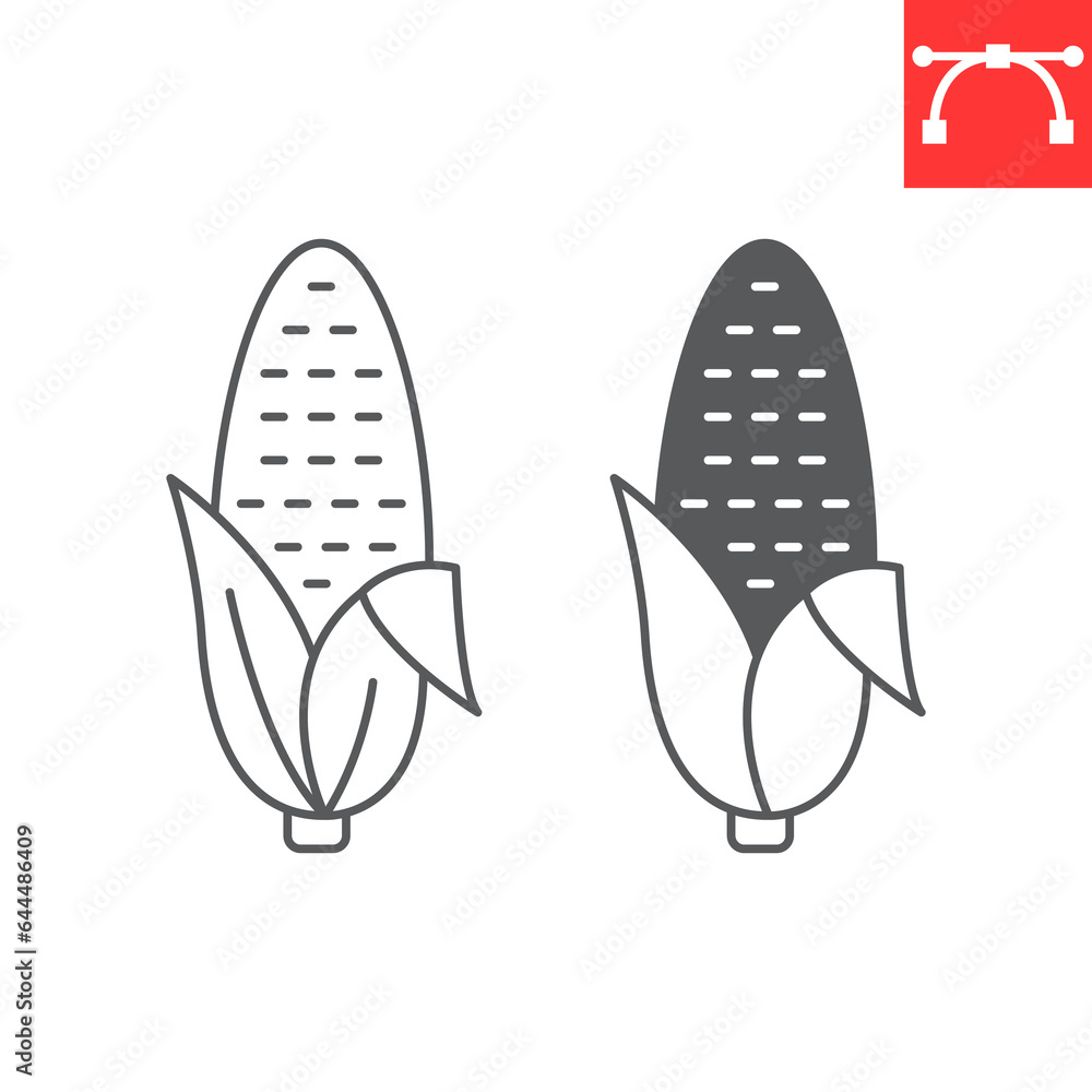 Corn line and glyph icon, thanksgiving and vegetables, corncob vector icon, maize vector graphics, editable stroke outline sign, eps 10. Corn line and glyph icon, thanksgiving and vegetables, corncob vector icon, maize vector graphics, editable stroke outline sign, eps 10.