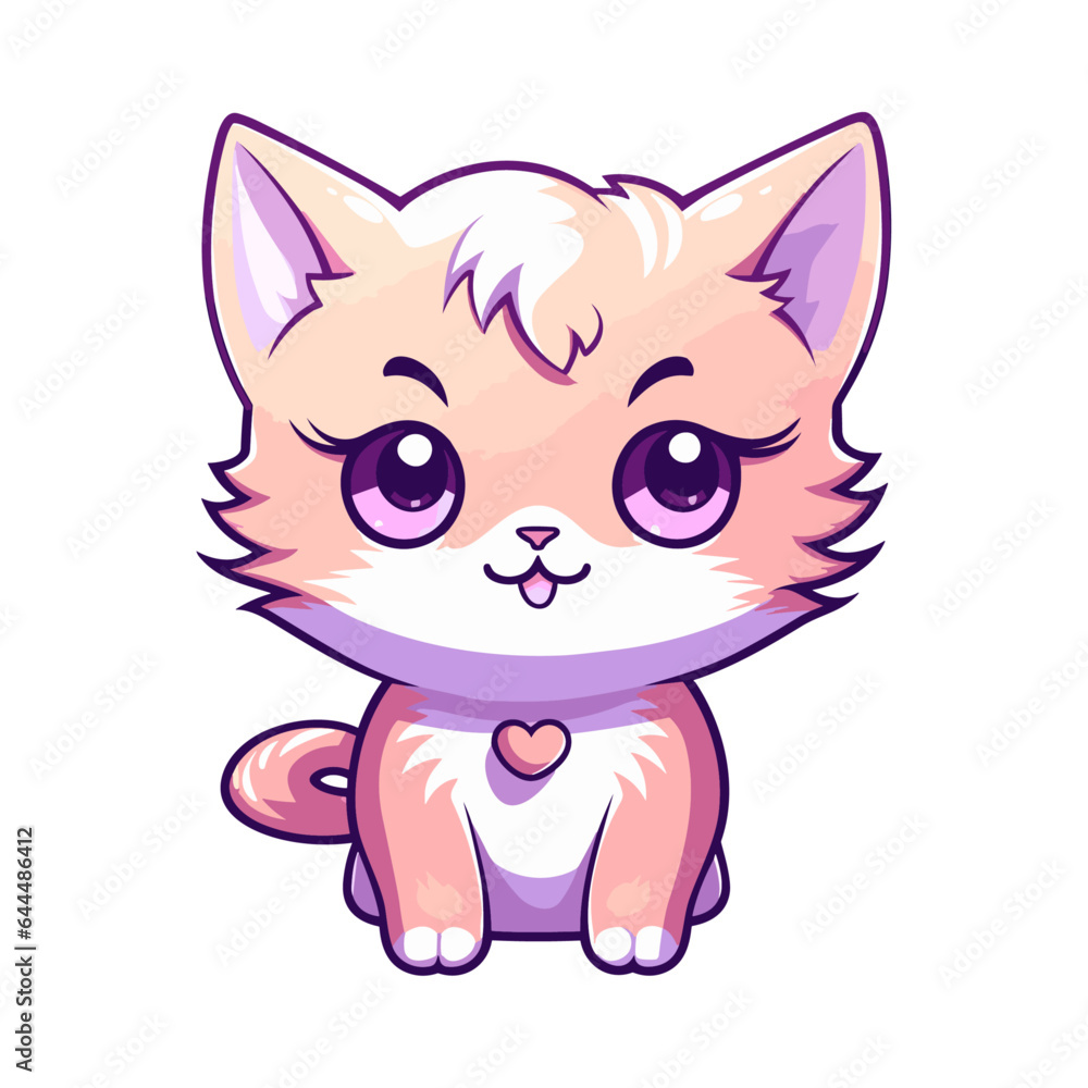 Obraz premium Vector funny cat characters isolated on white background sticker. Cute kawaii cat character with big eyes, animal trendy vector illustration. Sweet pastel white peach colors 