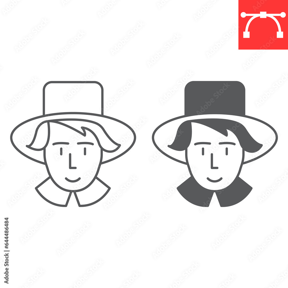 Pilgrim man line and glyph icon, thanksgiving and holidays, man in hat vector icon, vector graphics, editable stroke outline sign, eps 10. Pilgrim man line and glyph icon, thanksgiving and holidays, man in hat vector icon, vector graphics, editable stroke outline sign, eps 10.