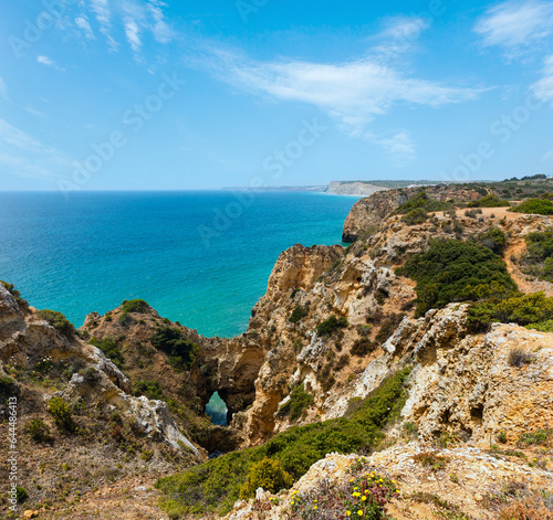 Atlantic ocean summer rocky coastline view (Ponta da Piedade, Lagos, Algarve, Portugal).