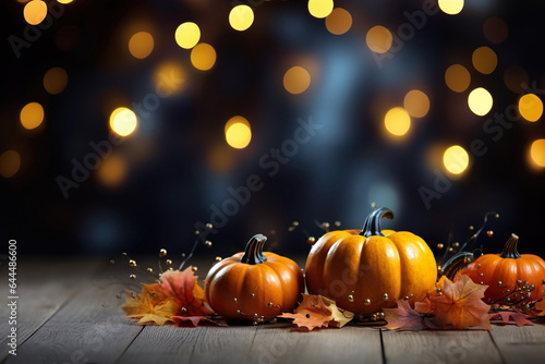 pumpkin with fall leaves and bokeh background, space for text, dark colors