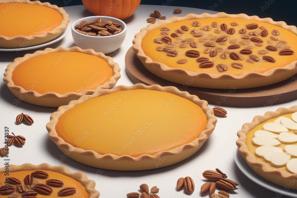 A countertop spread with freshly baked pies - pumpkin, apple, and pecan, steam rising delicately. A countertop spread with freshly baked pies - pumpkin, apple, and pecan, steam rising delicately.