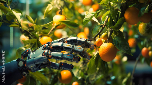 Robotic hands tenderly pruning and harvesting ripe fruits photo