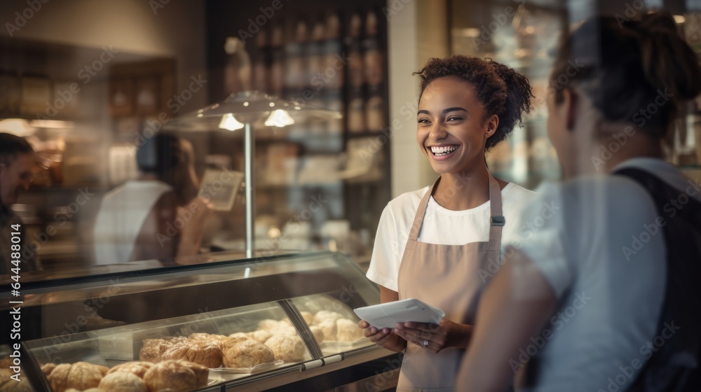Photo of a joyful woman in a bakery shop