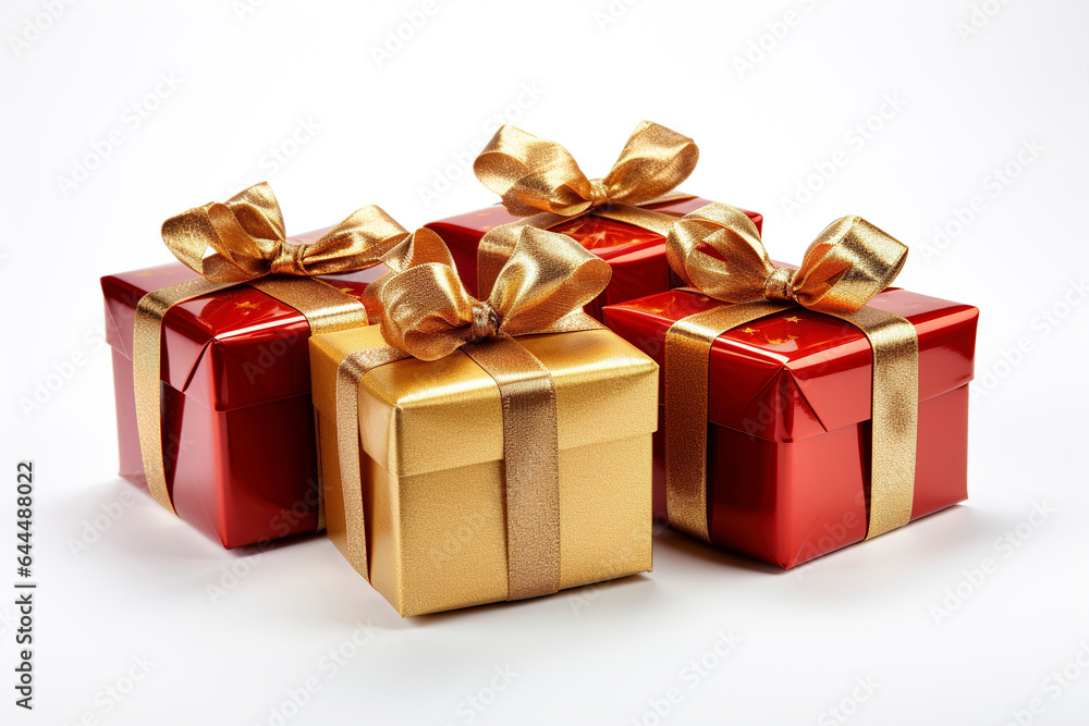 Red, gold gift boxes with gold ribbon on white background. New Year and Christmas design of gift boxes. Wrapping paper. Present red box, tied with gold wrapping ribbon. Red, gold gift boxes with gold ribbon on white background. New Year and Christmas design of gift boxes. Wrapping paper. Present red box, tied with gold wrapping ribbon.