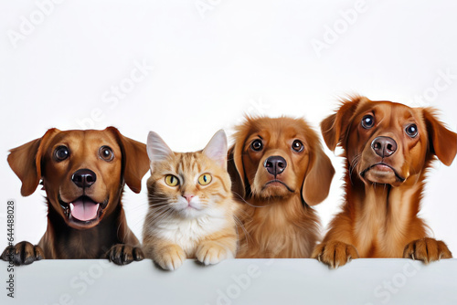 Three brown dogs and a ginger cat peek behind a gray board on a white background. Free space for product placement or promotional text.