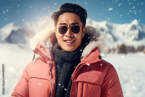 Handsome Asian man in sunglasses and red jacket on snowy mountains background.