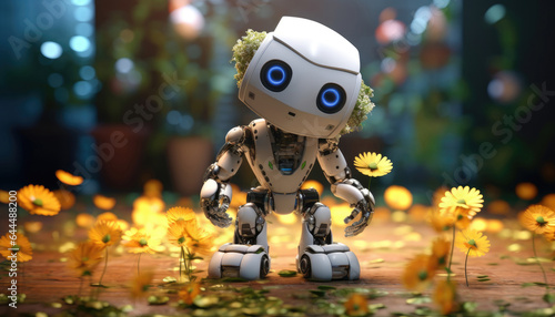 Robot child in the forest surrounded by flowers