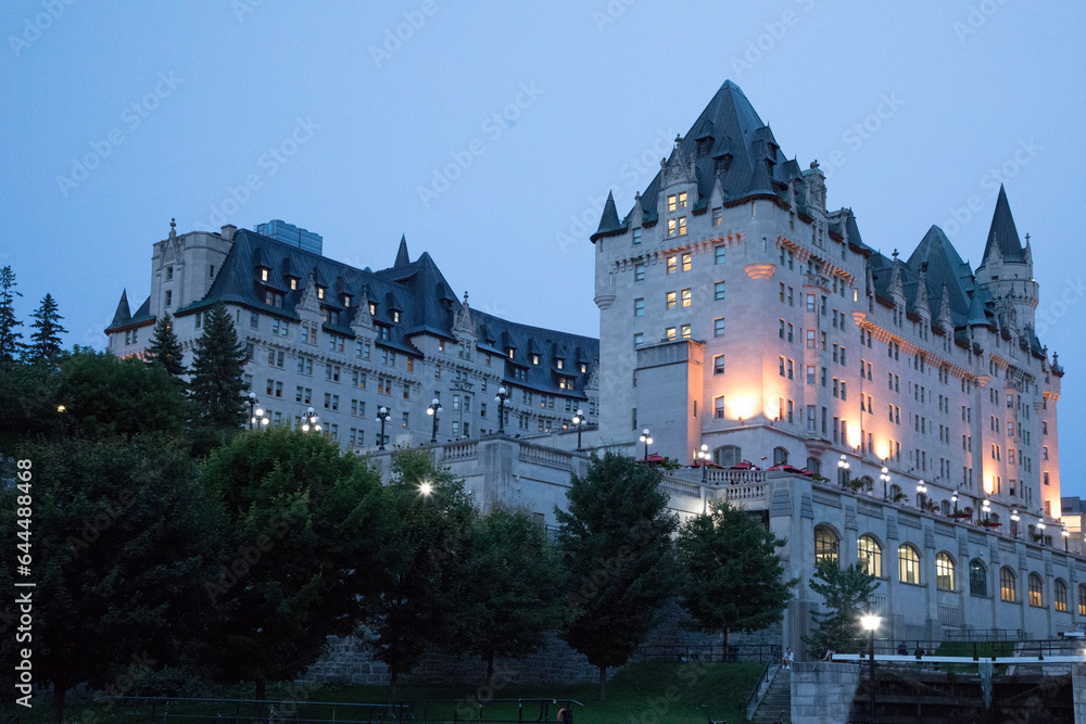 Beautiful view of the Fairmont Chateau Laurier on the Rideau Canal in Ottawa, Canada